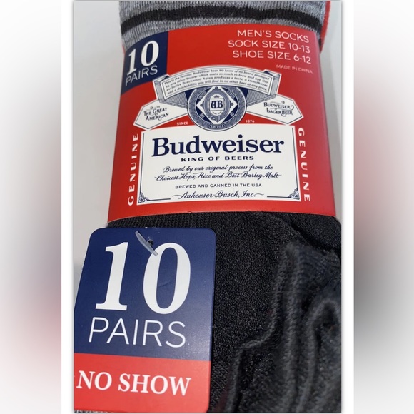 Budweiser Beer No Show Socks 10 Pair Men’s 6-12 Black Gray Red w Logos Light Bud - Picture 2 of 12
